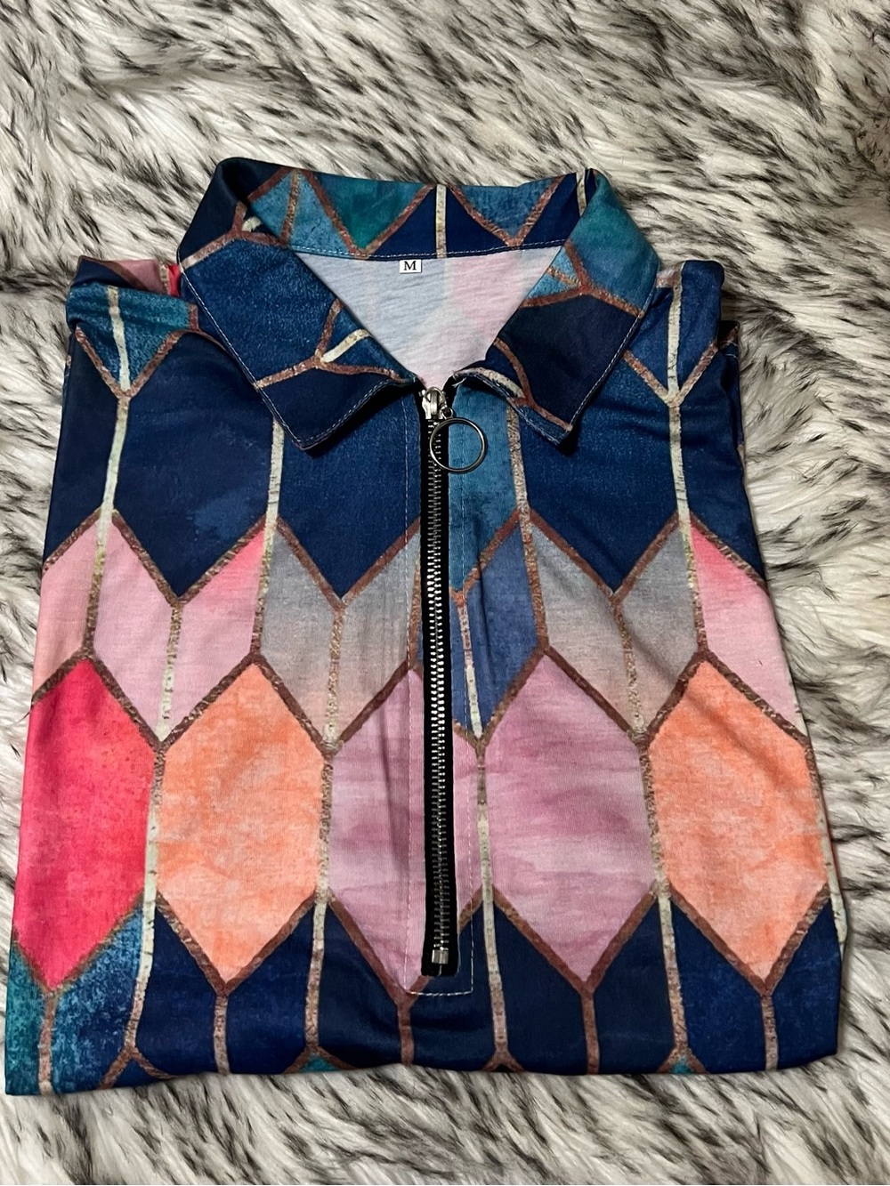 SHEIN Multicolor Geometric Zip-Front Blouse - Navy, Pink, Coral